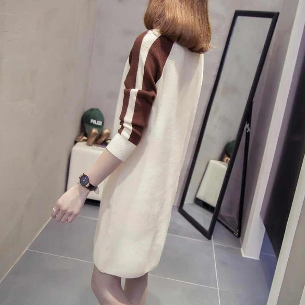 Autumn Winter Women Long Sleeve Patchwork Knit Cardigan Jumper Dress Tops Loose Casual Sweater Dress Plus Size 3xl#J30