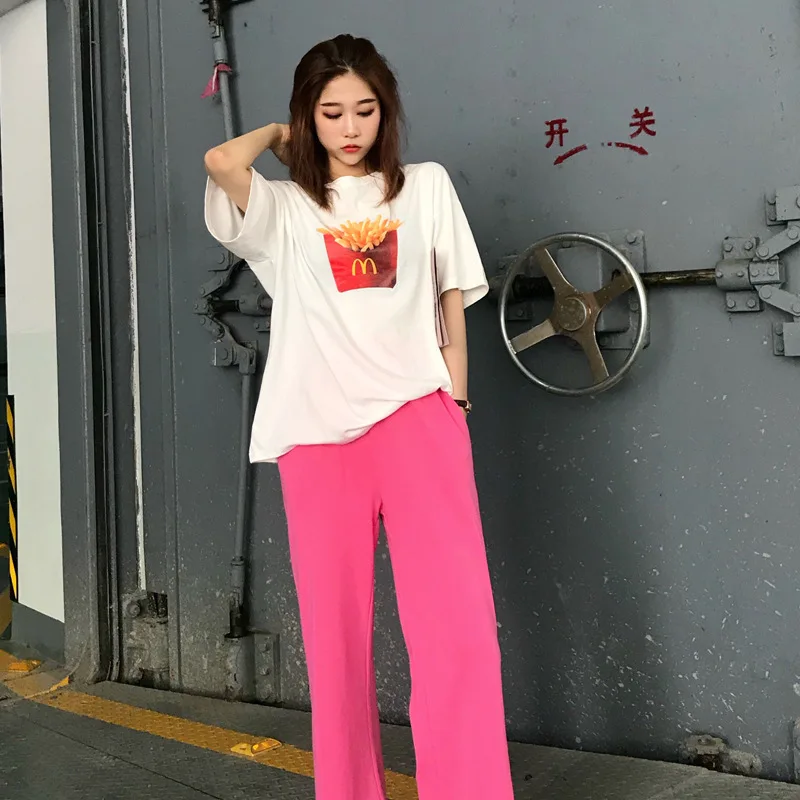 

2020 Summer Wear New Style Korean-style French Fries Printed T-shirt + Solid Color High-waisted Loose Pants Two-Piece Set