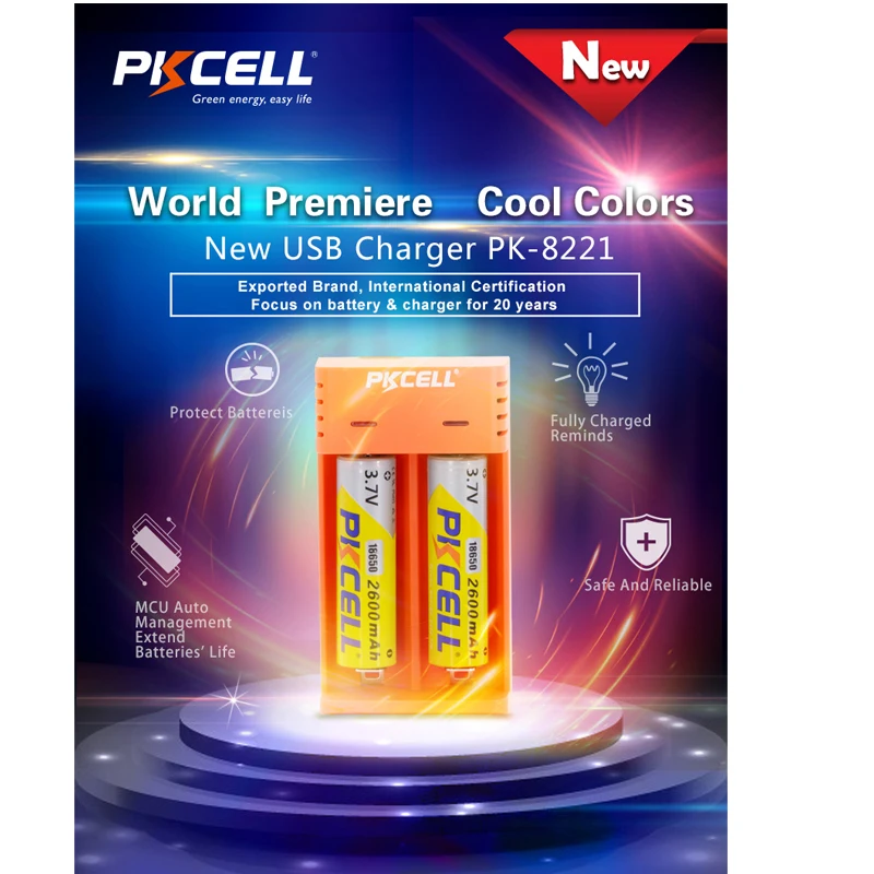PKCELL 18650 Зарядное устройство зарядки 3,7 V зарядное устройство для никель-кадмиевых или никель-металл-AAA 26650 16340 16650 14650 18350 18500 18650 литий-ионная аккумуляторная батарея Зарядное устройство USB 5В 2A 2 слота