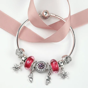 

NEW 100% 925 Sterling Silver Brand New 1:1 Genuine Dazzling Flower Daisy Charm Bracelet Cherry Red Love Ladies Bracelet Set