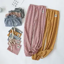 Милые клетчатые женские пижамы трикотажные хлопковые брюки женские свободные повседневные пижамы пижамные штаны пижамные пижамы