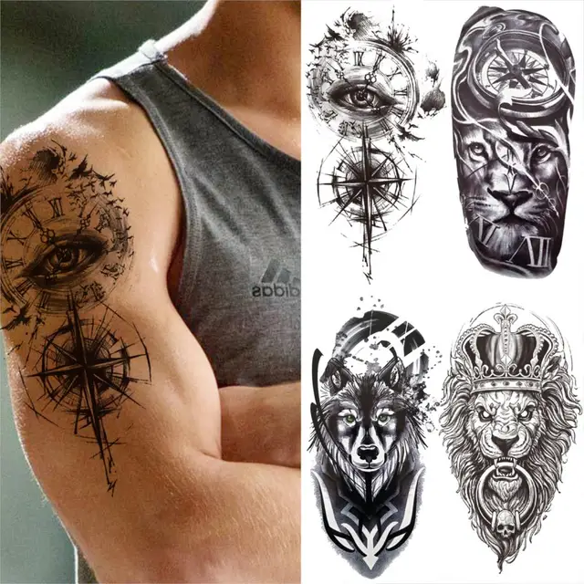 Faux tatouages temporaires avec boussole mauvais œil pour hommes et femmes, autocollant réaliste, roi Lion, loup, demi-manche, poitrine, avant-bras 1