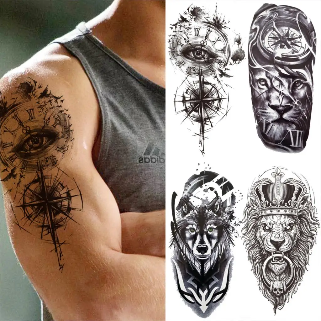 Compass Evil Eye Temporary Tattoos For Men Women Realistic Fake Lion King  Wolf Tattoo Sticker Half Sleeve Chest Forearm Tatoos|Temporary Tattoos| -  AliExpress