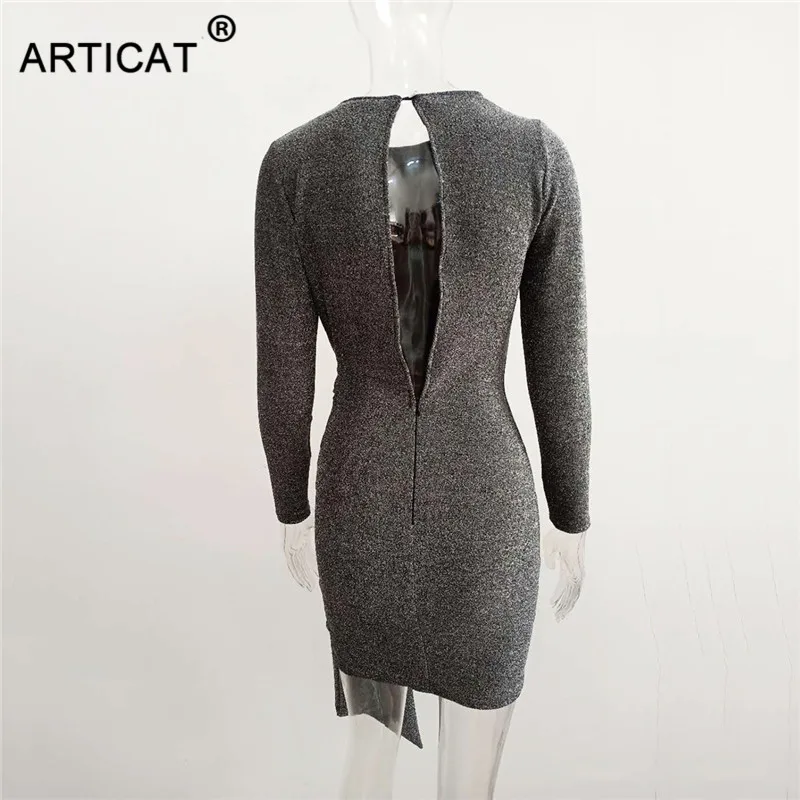 Articat, Осеннее блестящее ДРАПИРОВАННОЕ облегающее платье, женское платье с длинным рукавом и круглым вырезом на спине, женское однотонное мини уличное платье