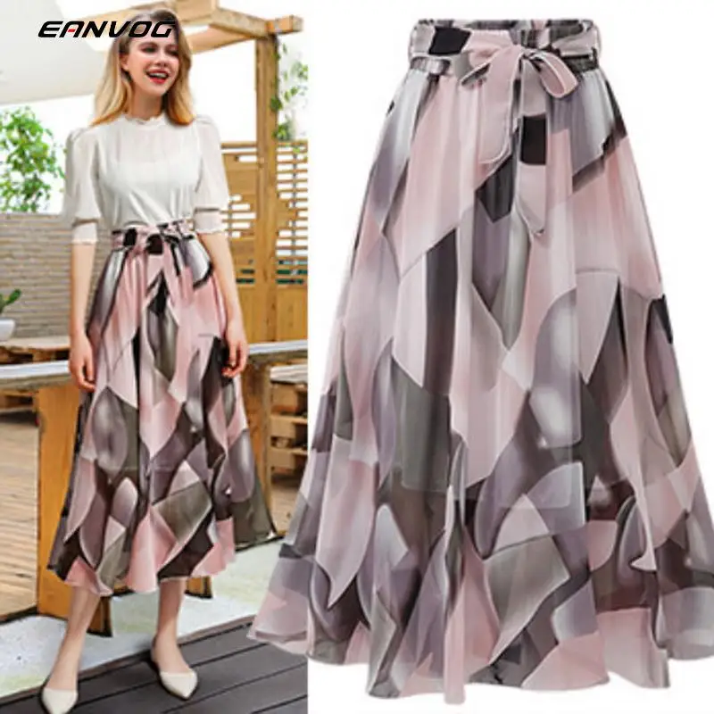EAnvog, новинка, модная юбка с высокой талией, пышная бюст, юбка, женская шифоновая юбка с цветочным принтом, большая свободная юбка