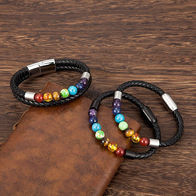 Chakra Bracelet With Genuine Leather Men Women Natural Crystal