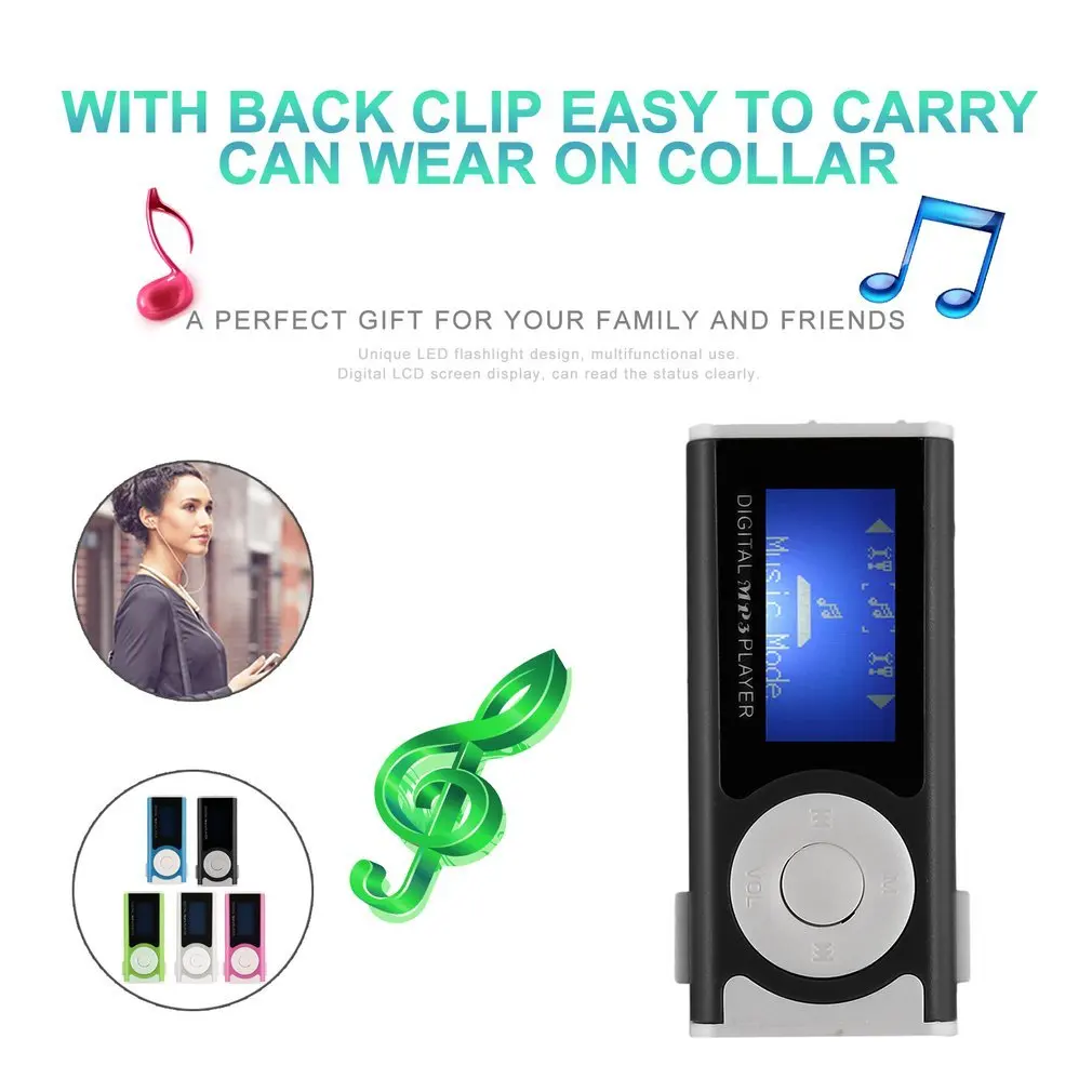 

MP3 Player LCD Screen USB Cable Mini Clip Mp3 Player LED Light Stereo Super Bass Music Player for Micro SD TF Card16GB +Earphone