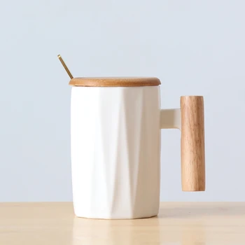 

Brief Coffee Mugs Gift Box Packaging Creative Modern Style Cup Wooden Handle 12oz Milk Tea Mug with Bamboo Lid and Spoon