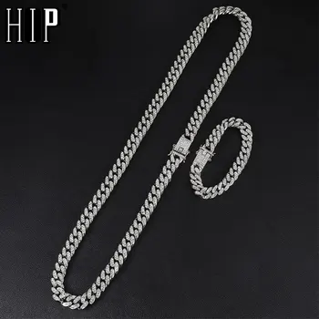 

Hip Hop Iced Out Paved Rhinestones 1Set 13MM Gold Full Miami Curb Cuban Chain CZ Bling Rapper Necklaces For Men Jewelry