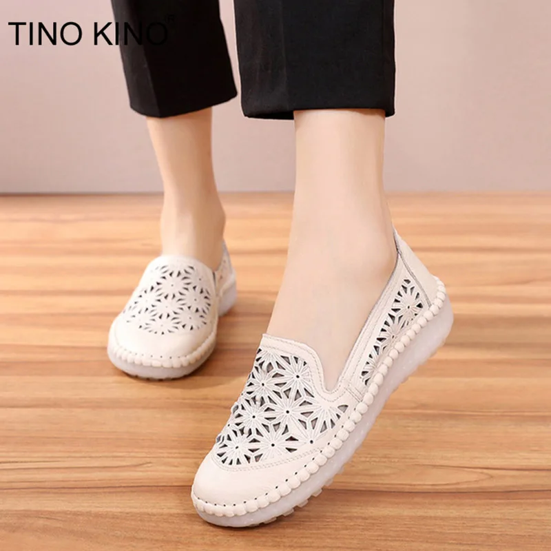 

TINO KINO Women Pu Leather Hollow Out Flat Autumn Loafers Ladies Platform Slip On Moccasin Female Fashion Shoes Large Size