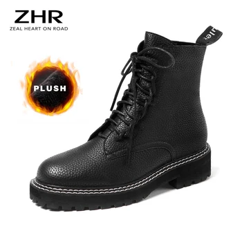 

2020 Winter Boots Women Platform Fur Lace-up Chunky Boots British Style Zip Side Plush Ladies Casual Short Boots Genuine Leather