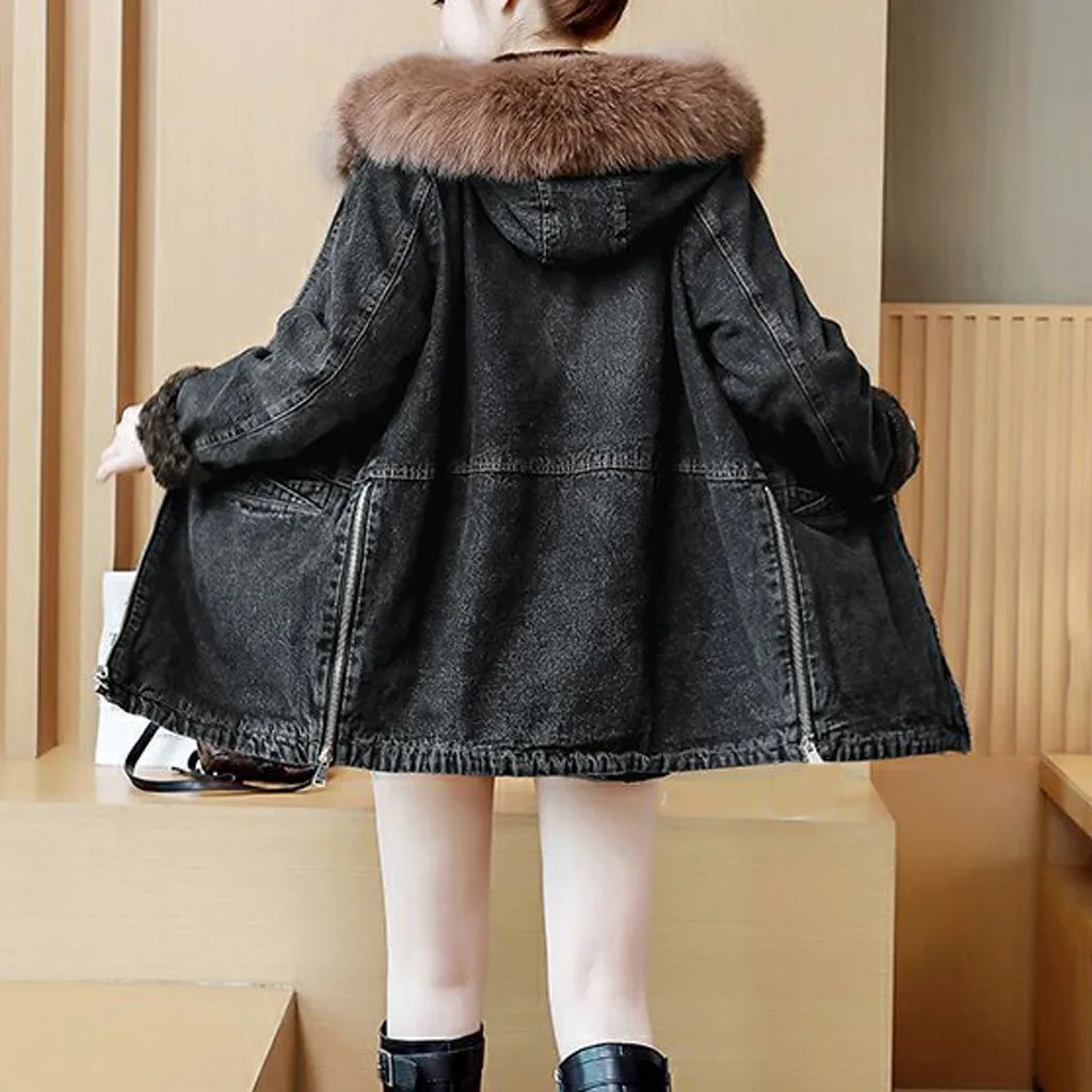 awesome  Winter Womens thick Jean Jacket Thicken Warm fur collar Fleece Denim female student short coat Punk