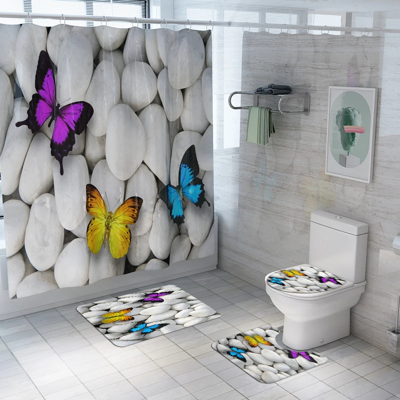 

4pcs set curtains + non-slip bath mat + rug stone butterfly mildewproof bath screen for bathroom living room home decor DW034
