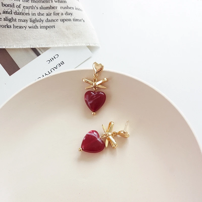

AOMU 2019 Vintage Resin Red Love Heart Bow-knot Metal Dangle Drop Earrings for Women Girl Party Gift Jewelry Bijoux