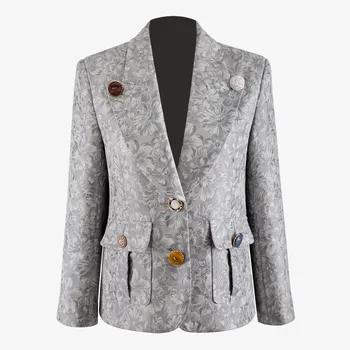 

SuperAen Dark Pattern Jacquard Delicate Button Decorations Retro Fashion Style Lapel All-match Full Suit Jacket Female