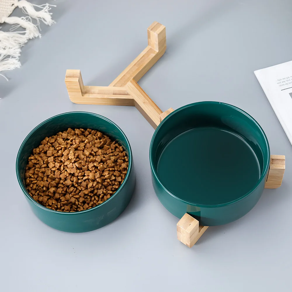 Керамическая миска для кошек с деревянной подставкой без протекания кормушка