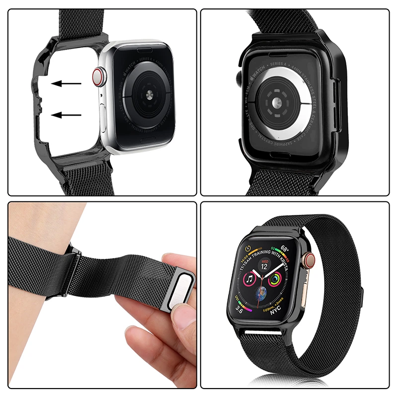 Чехол из поликарбоната с Миланской петлей для apple watch 44 мм, 40 мм, ремешок 44 мм, iwatch Series 5, 4, 3, 2, 1, 38 мм, 42 мм, металлический ремешок из нержавеющей стали