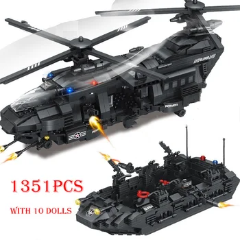 

New 1351Pcs Military Transport Helicopter Team Building Blocks Sets Compatible Technic SWAT City Police Figures Bricks Toys