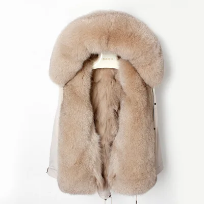 beige-4 Зимняя женская Водонепроницаемая тканевая парка, куртка, натуральная подкладка из натурального Лисьего меха, Воротник из натурального Лисьего меха, парка с капюшоном, верхняя одежда - Цвет: beige-4