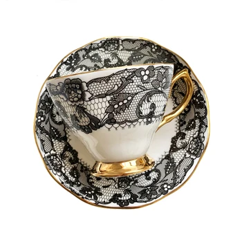 

English Gold Trim Bone China Coffee Cups And Saucers Black Lace Pattern Ceramic Dessert Plates Tea Cups Party Drinkware 170Ml