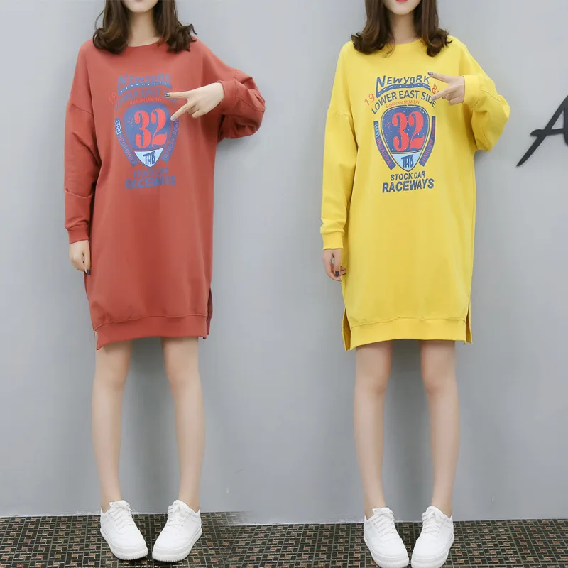 

Large Size Dress Crew Neck Pullover Mid-length Lettered Printed Hoodie Base Shirt Large GIRL'S Long Sleeve T-shirt Dress