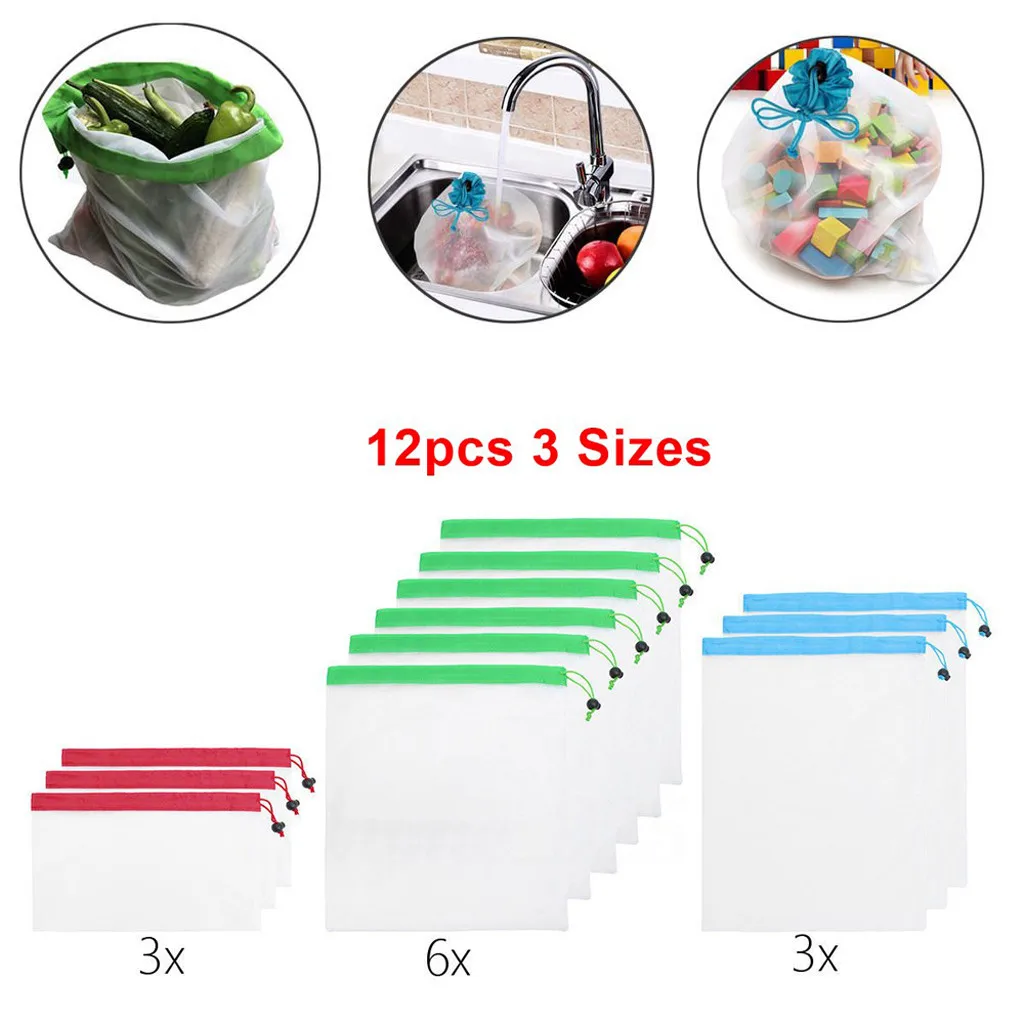 12 шт многоразовые сетчатые сумки для производства, женские хозяйственные сумки, моющиеся мешки для хранения продуктов, фруктов, овощей, игрушки