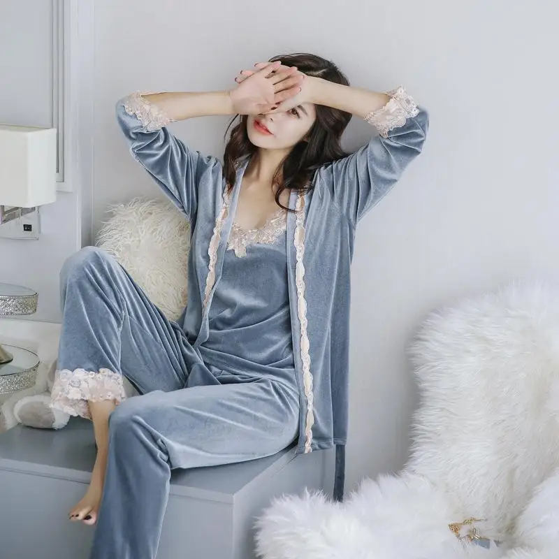 Сексуальный женский велюровый пижамный комплект Леди ремень топ брюки одежда для сна, одежда для дома из трех частей халат кимоно халат ночная рубашка - Цвет: Серый