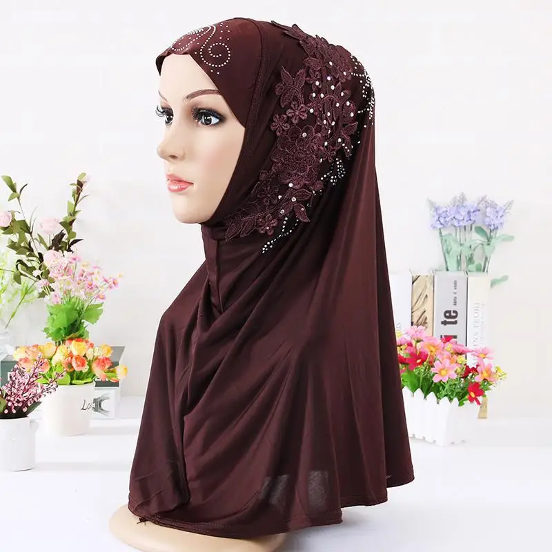 

Women One Piece Muslim Hijab Lace Applique Long Turban Islamic Full Head Scarf Shawls With Rhinestone Flower Arab Neck Wrap