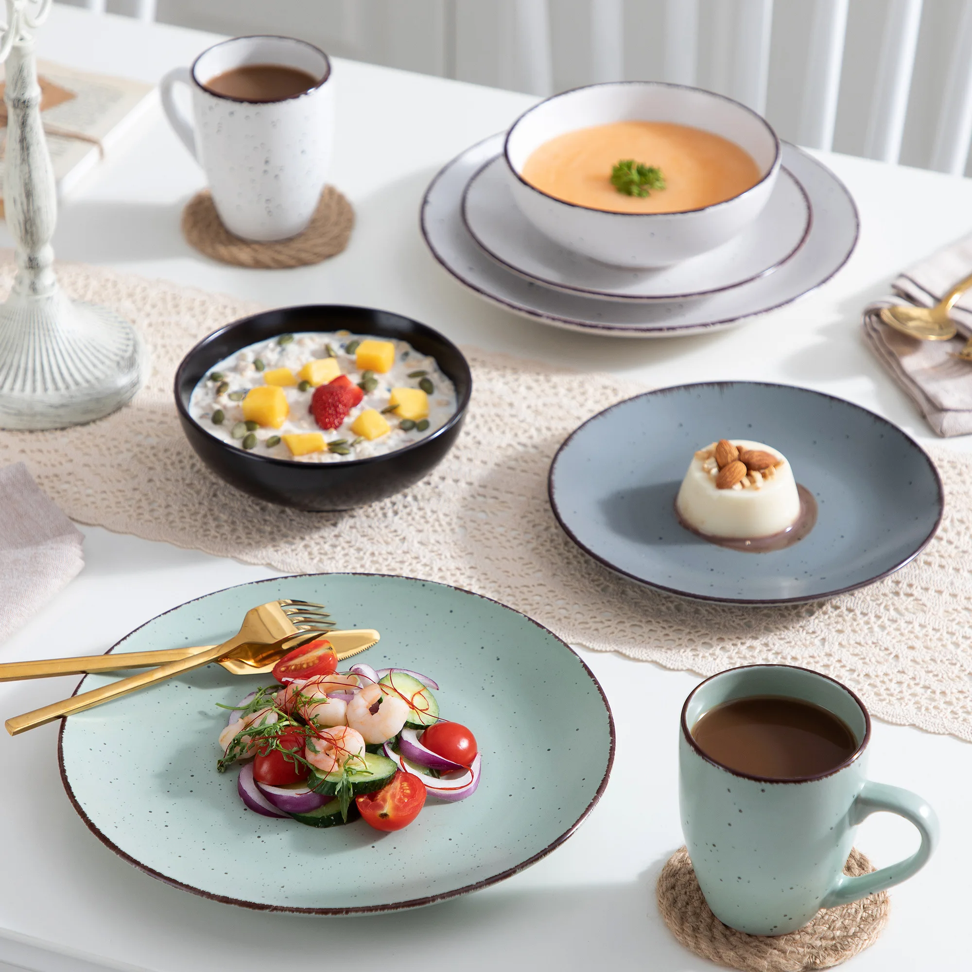 VANCASSO MODA – service de table en grès, 16/32/48 pièces, service de table  en poterie, avec assiette à dîner, assiette à Dessert, bols, tasses