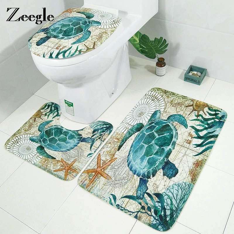 Green Sea Turtle Printed Bath Mat Set 3Pcs Flannel Bathroom Carpet Mat Bathroom Toilet Rugs Anti-slip Shower Room Bath Rugs
