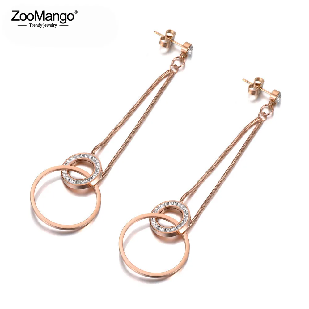 

ZooMango OL Style Stainless Steel Double Circle Dangle Earrings For Women Rose Gold Rhinestone Anniversary Earrings ZE19046