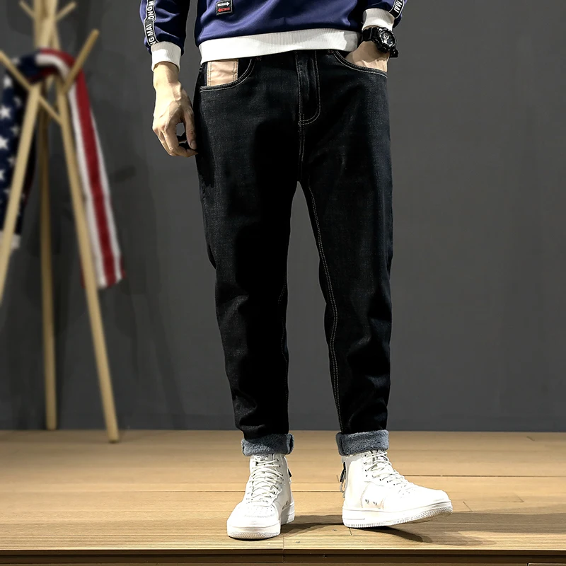 

Japanese Style Fashion Men Jeans Loose Fit Vintage Designer Elastic Harem Pants Streetwear Hip Hop Wide Leg Winter Warm Trousers