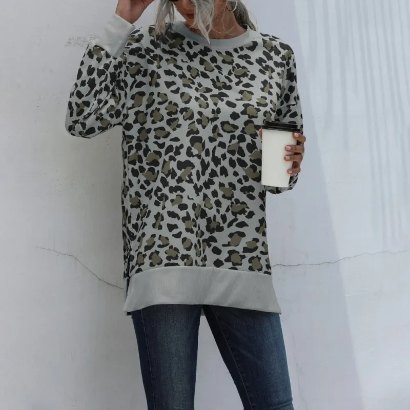 

Women Fashion Hoodies Autumn New Arrive Round Neck Leopard Camouflage Print Casual Sweatshirt Women Colthing