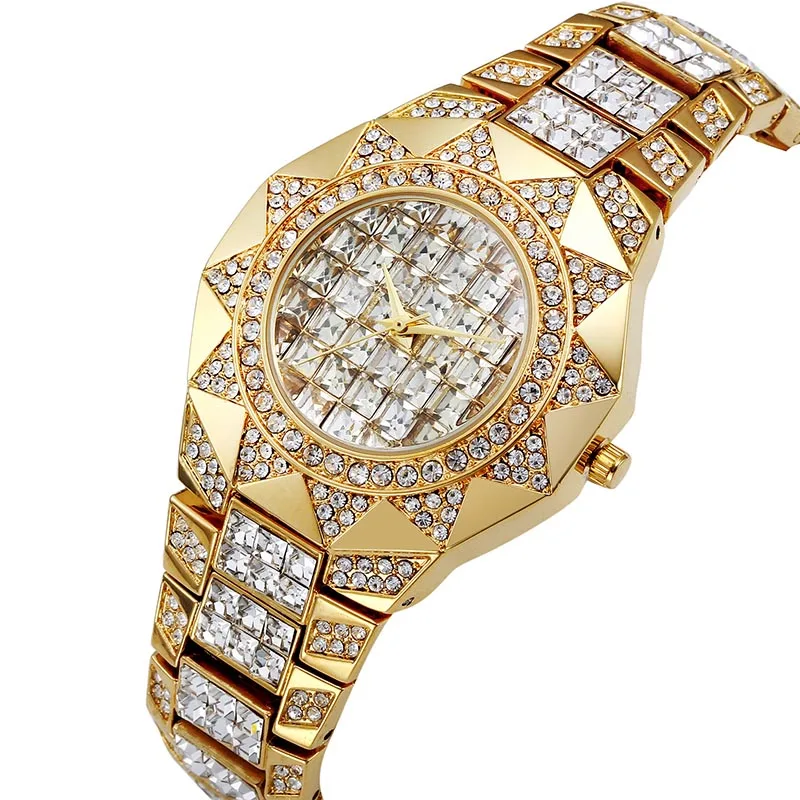 Квадратные CZ камень вымощенные Bling Iced Out для мужчин женщин солнце цветок кварцевые наручные часы хип хоп люксовый бренд Мужские часы с фианитами водонепроницаемые часы