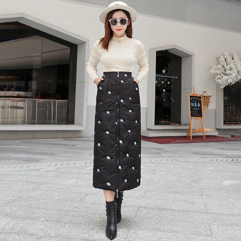 Black with Zipper Теплая зимняя женская юбка плюс размер 4XL длинная молния утолщенная Линия Вышивка Черная Макси Высокая талия женские пуховики женские юбки - Цвет: Black with Zipper