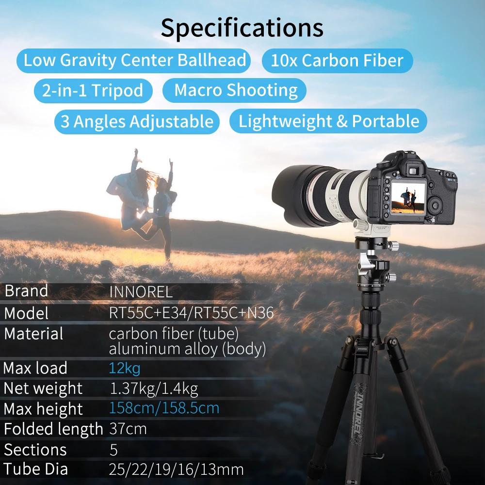 INNOREL 10 Layers Carbon Fiber Travel Tripod Portable Monopod with Panoramic Low Gravity Center Ballhead for DSLR Camera Video