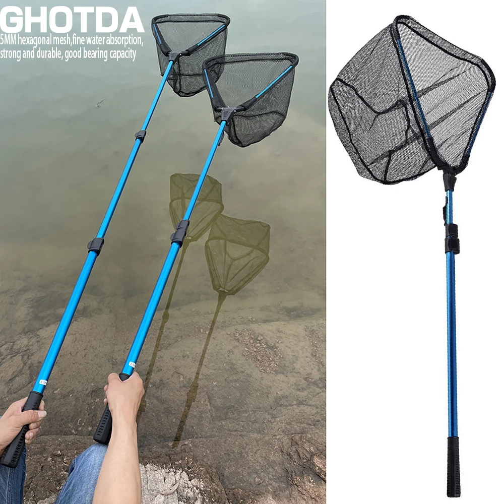 Ghotda Folding Fishing Landing Hand Nets 1.8m 2.1m Flip Lock Smooth Drawing  Firm Locking