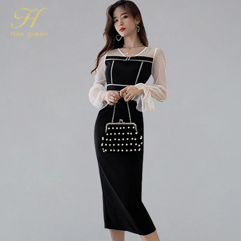 

H Han Queen Women 2019 Autumn New Mesh Patchwork Dress Sexy Polka Dot Sheath Bodycon Dresses OL Office Wear Slim Pencil Vestidos