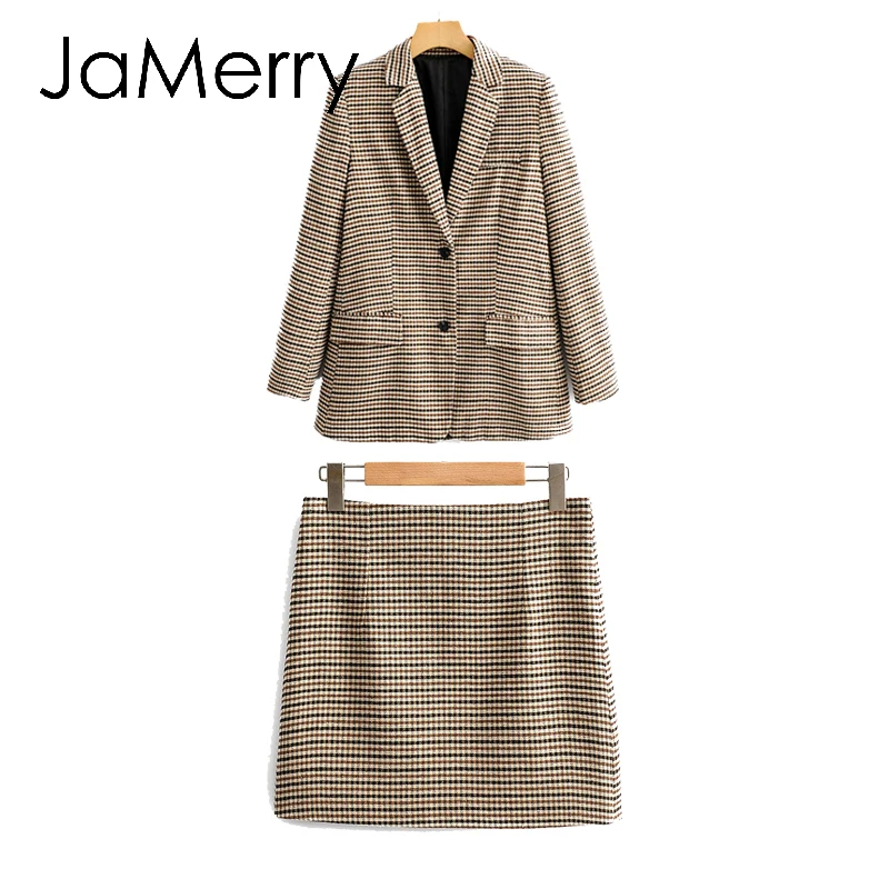 two-piece set JaMerry, уличная одежда, Женский клетчатый Блейзер, костюмы, длинный рукав, пуговицы, карманы, Женский блейзер, юбка, набор, модный, офисный, для девушек, Блейзер, наборы - Цвет: two-piece set