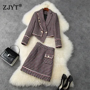 

High Quality Winter Runway Suit Women Fashion Turn Down Collar Plaid Short Woolen Jacket and Skirt 2 Piece Set Vintage Outfits