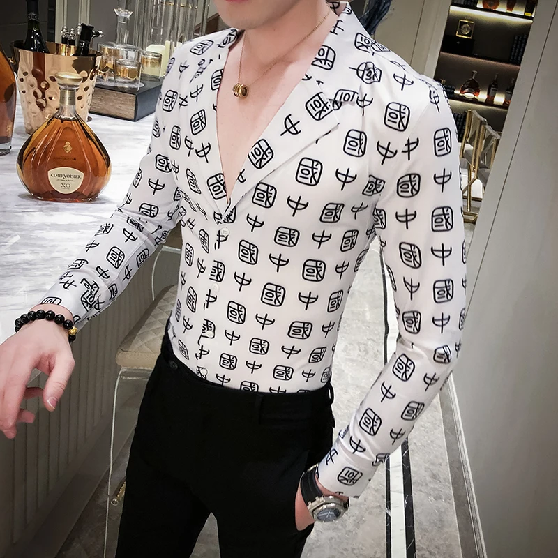 Ropa Hombre, повседневная, весна, мужская рубашка, британский стиль, длинный рукав, v-образный вырез, принт, рубашка, повседневная, приталенная, с цветами, рубашка для мужчин
