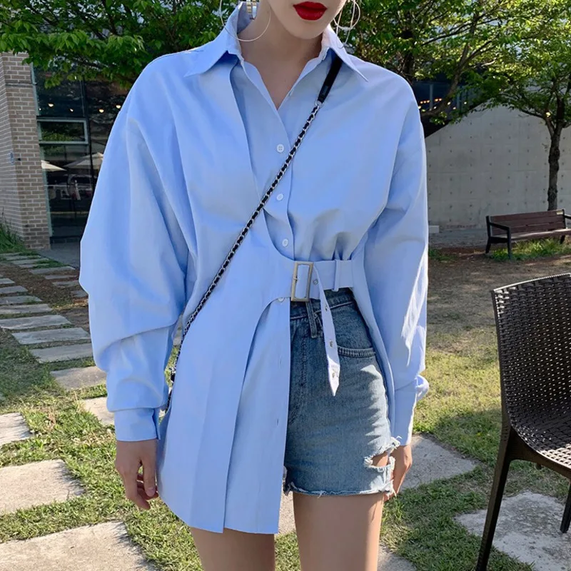 

2020 Autumn New Korean Casual Blusas Turn-down Collar Long Sleeve Womens Tops Blouses Sweet Side Split Plus Size Ladies Shirt
