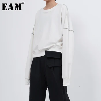 

[EAM] Loose Fit Black Line Split Oversized Sweatshirt New Round Neck Long Sleeve Women Big Size Fashion Spring Autumn 2020 1K301