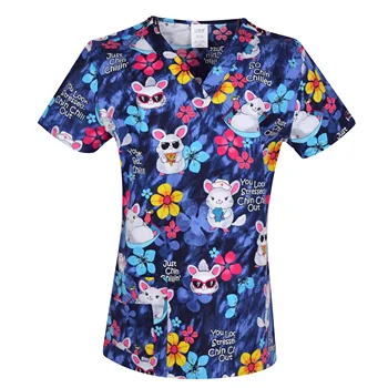 

Hennar Women Print vet Uniform Scrubs Tops Nurse Nursing Clinic Accessories Medico Clothing stretchy scrub top