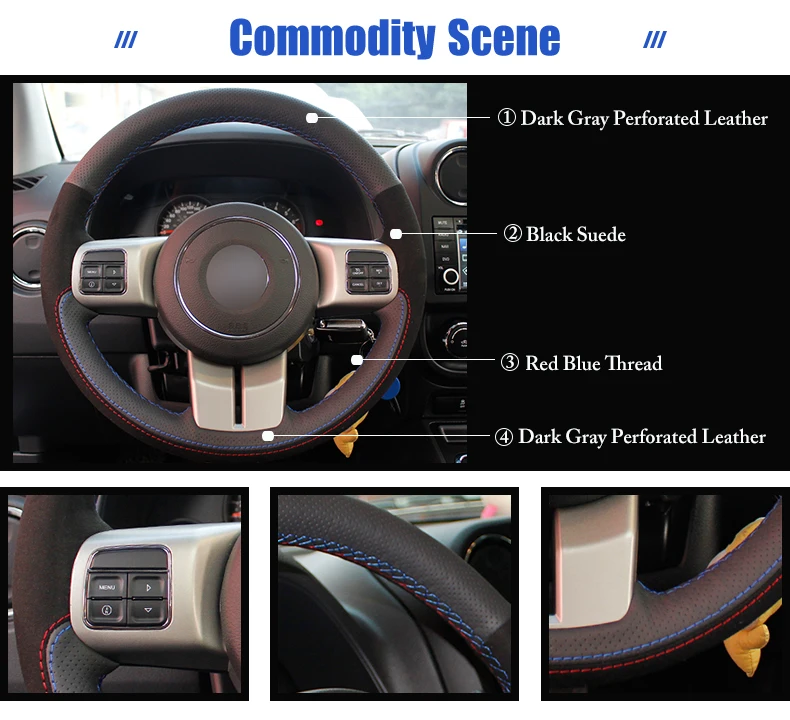 Темно-серые кожаные черные замшевые чехлы на руль для Jeep Grand Cherokee 2011-2013 Compass Wrangler Patriot 2011