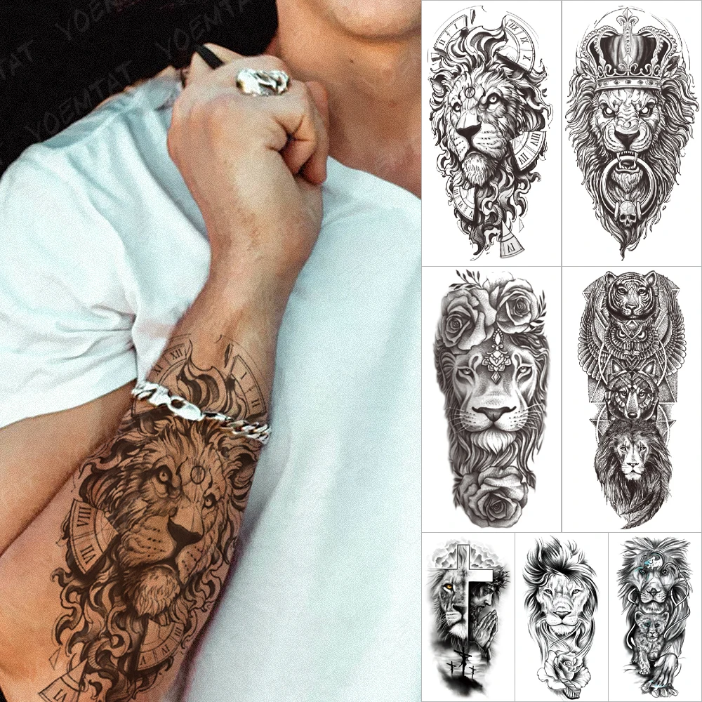 Waterproof Temporary Sleeve Arm tattoo Sticker Lion Clock Tiger Gear Skeleton Rose tattoos Body Art Fake tatoo Men Women Black tattoo sticker,temporary tattoos,tattoo sleeve