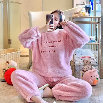 

HaloSweet Pajamas Girls Autumn Winter Thickened Plush Cute Cartoon Homewear Suit Home Clothes Women Sleepwear Warm Pyjamas Lady