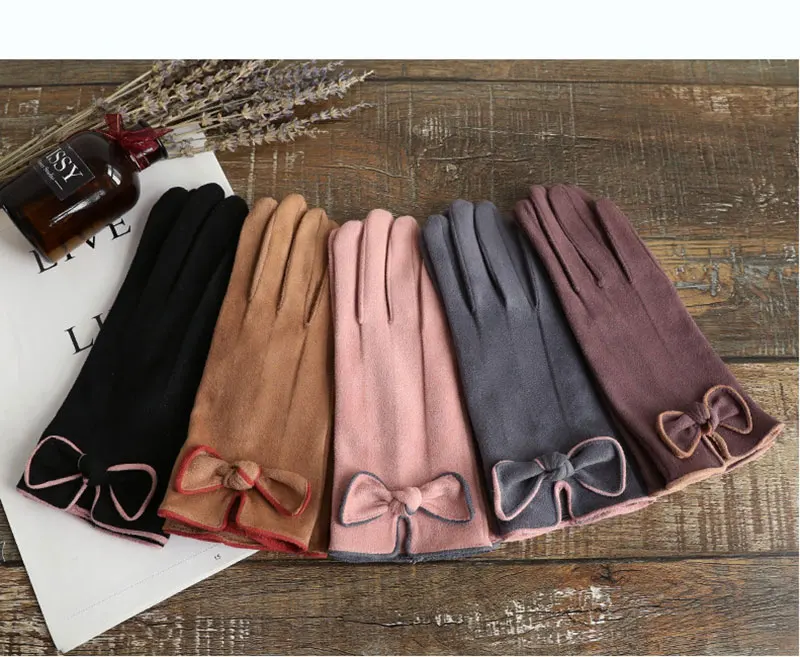 HECATAL Women Ski Gloves Windstopper Leisure Mittens Women Suede Touch Screen Gloves Autumn And Winter Outdoor Bow Elegant Warm