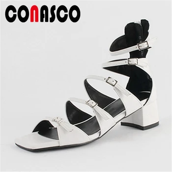 

CONASCO Rome Style Women Sandals Summer Fashion Sexy Genuine Leather New Women Pumps Casual High Heels Back Zipper Shoes Woman