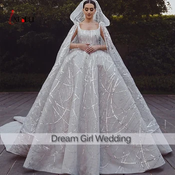 شراءرداء دي ماري 2021 فساتين زفاف فاخرة مع الحجاب الرأس قارب العنق الدانتيل الكرة فستان سهرة Mariage العروس فساتين